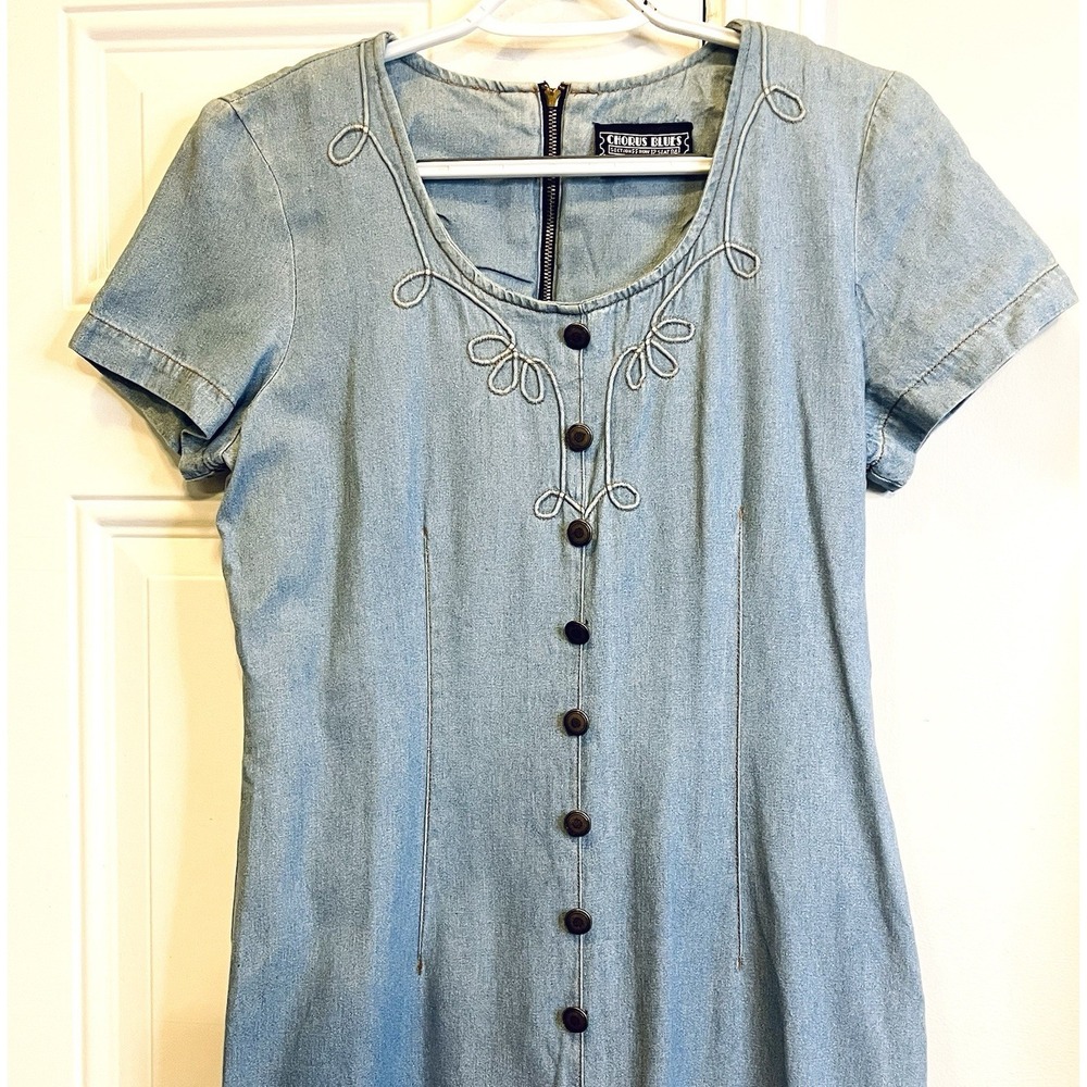 90s Chorus Blues Denim Midi Dress Blue Embroidered Western Button Front S - Picture 2 of 4